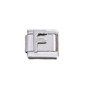 Silbernes Edelstahl-Modulararmband-Element mit poliertem Relief-Buchstaben F
