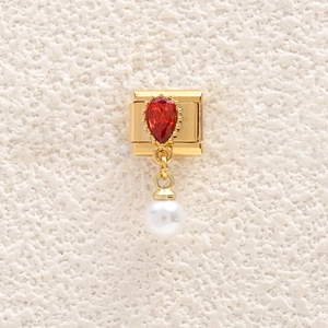 Modular gold pendant with red teardrop zircon and white pearl for DIY jewelry