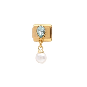Gold modular pendant charm with teardrop blue stone and pearl on a white background