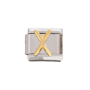 Italian modular charm bracelet link featuring a gold letter X on a silver stainless steel base