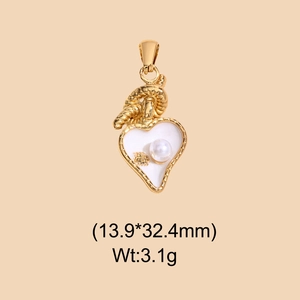 Golden heart pendant with white inlay and pearl, 13.9x32.4mm stainless steel jewelry
