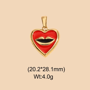 Red enamel heart pendant with golden lips pattern in stainless steel for jewelry making