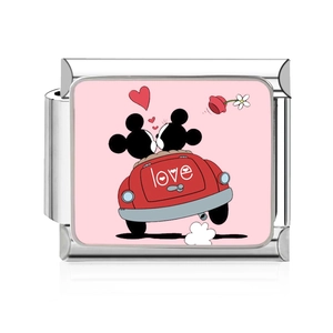 Italian modular stainless steel bracelet link with pink Mickey and Minnie Love car charm