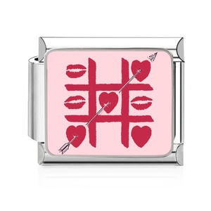 Italian modular charm link in stainless steel with pink Tic-Tac-Toe heart pattern