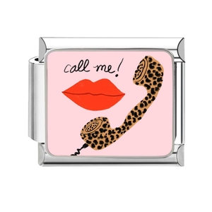 Italian charm bracelet link in stainless steel with pink call me lips and phone design