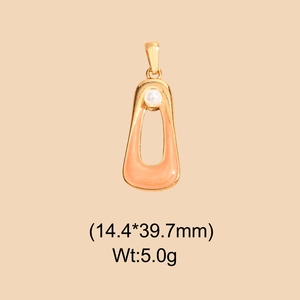 Detail of a gold trapezoid pendant with pink enamel and pearl, size 14.4x39.7mm