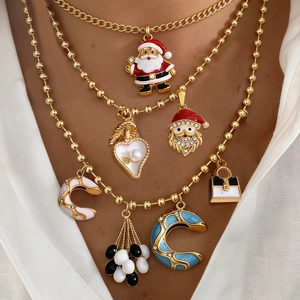 Stainless Steel DIY Pendant Charm Gold Plated Enamel Santa Claus Heart Letter C For Necklace Bracelet Jewelry Making