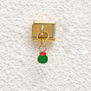 Detail of Italian style gold stainless steel link with green enamel cactus charm