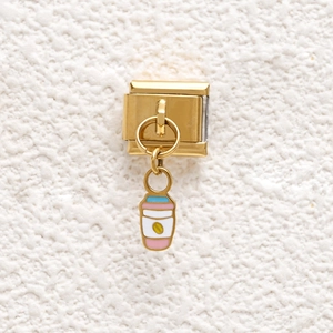 Gold Italian charm with a coffee cup pendant and colorful enamel bean details
