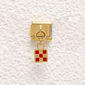 Golden modular stainless steel charm with red enamel geometric pattern and square pendant