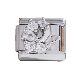 Maillon de bracelet italien avec motif papillon et fleur en argent serti de zircons brillants