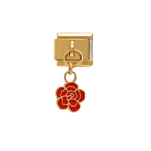 Modular stainless steel link bracelet charm featuring a red enamel rose in gold finish
