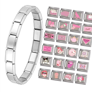 Italienisches Charm-Armband aus Edelstahl mit rosa Comic-Anhängern und DIY-Link-Mustern