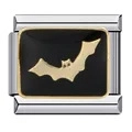 Charm modulare italiano in acciaio inossidabile con smalto nero e motivo a pipistrello oro