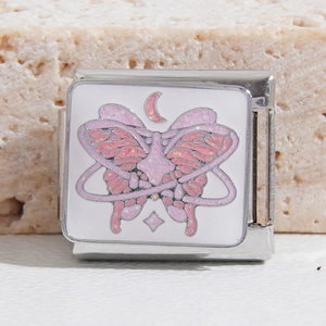 Italian charm link bracelet in stainless steel with purple glitter butterfly and moon design