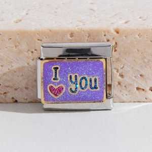 Italian charm link in stainless steel with purple glitter and I Love You inscription