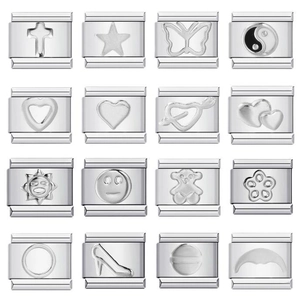 Modular stainless steel link bracelet components with diverse silver charm patterns