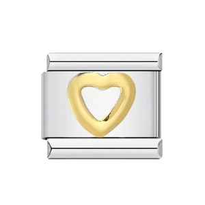 Italian modular charm bracelet link in silver stainless steel with a gold heart detail