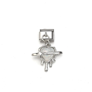 Italiaanse bedelarmband met wit opalen hart en zilveren planeetring hanger sieraad