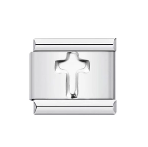 Italian modular charm in high-polished stainless steel with a recessed cross design