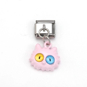 Italian 18k gold owl charm on stainless steel link with unique pink kitten pendant