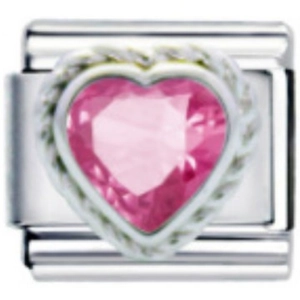 Italian style heart charm link for modular bracelets with pink crystal and silver finish