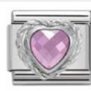 Italian charm link with pink heart gemstone and twisted rope frame in silver finish