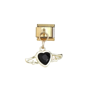 Italian style 18k gold plated bracelet charm with black heart gemstone and wings