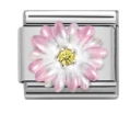 Detail view of pink enamel flower charm link for Italian modular bracelets in steel