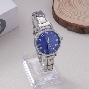 Elegant silver quartz watch with navy blue sunray dial and classic roman numerals