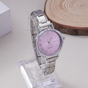 Elegant ladies quartz watch with silver stainless steel band and pink Roman numeral dial