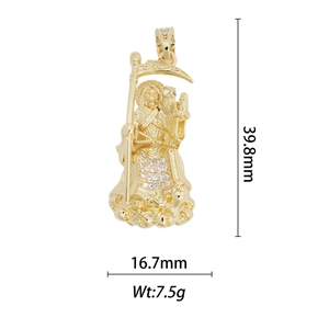 Pendaglio Santa Muerte placcato oro con pietre bianche e misure dettagliate