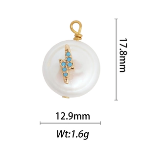Baroque natural pearl pendant with golden lightning bolt and blue stones, 17.8mm height