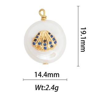 Macro view of 18k gold natural pearl pendant with blue crystals and size dimensions
