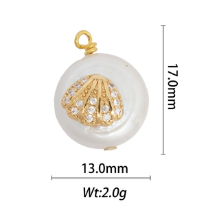 Detailed view of 18k gold pearl shell pendant with dimensions 17.0mm by 13.0mm