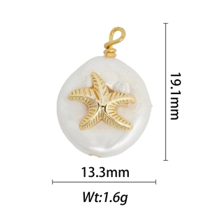 Detailed view of 18k gold plated starfish charm with a round white natural pearl