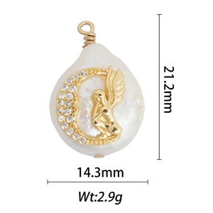 Baroque pearl pendant with gold angel and moon design showing size specifications