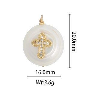 Detail view of round white pearl pendant with golden zircon cross, 20mm height