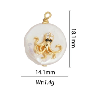 Detail showing an 18k gold octopus pearl pendant with white crystals measuring 18.1mm
