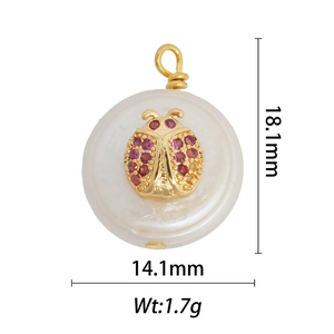 Macro shot of 18k gold ladybug pearl pendant with product dimensions and 1.7g weight