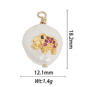 Detail view of baroque pearl pendant with 18k gold elephant inlay and measurements