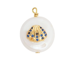 18K gold plated seashell pearl pendant with blue zircon stones on white background