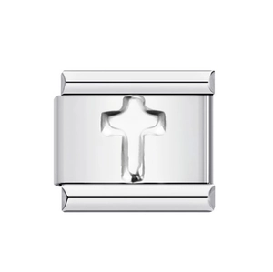 Italian modular charm in silver finish featuring a classic religious cross design