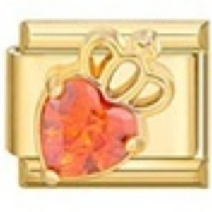Italian charm bracelet link in gold finish with a crown design and orange heart gemstone