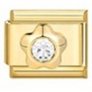 Gold modular link charm for stainless steel bracelets featuring clear flower crystal