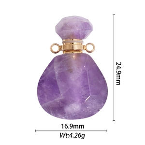 Colgante frasco de perfume de amatista natural morada con detalles en metal dorado