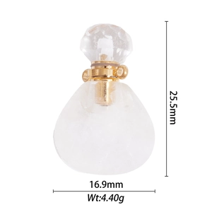 Colgante frasco de perfume de cristal natural con herrajes dorados y dimensiones