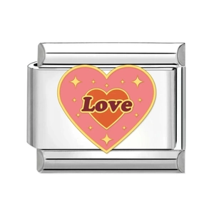 Italian modular stainless steel 9mm link with pink and orange enamel heart Love charm