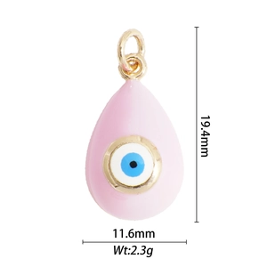 Pink evil eye teardrop pendant in gold-plated copper with dimensions 19.4x11.6mm