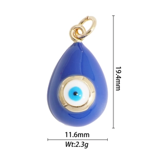 Detail view of blue evil eye pendant with exact dimensions 19.4mm height and 11.6mm width